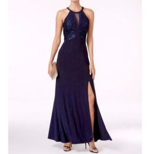 NEW Nightway women’s navy mesh sleeveless halter long Formal Dress gown size 8